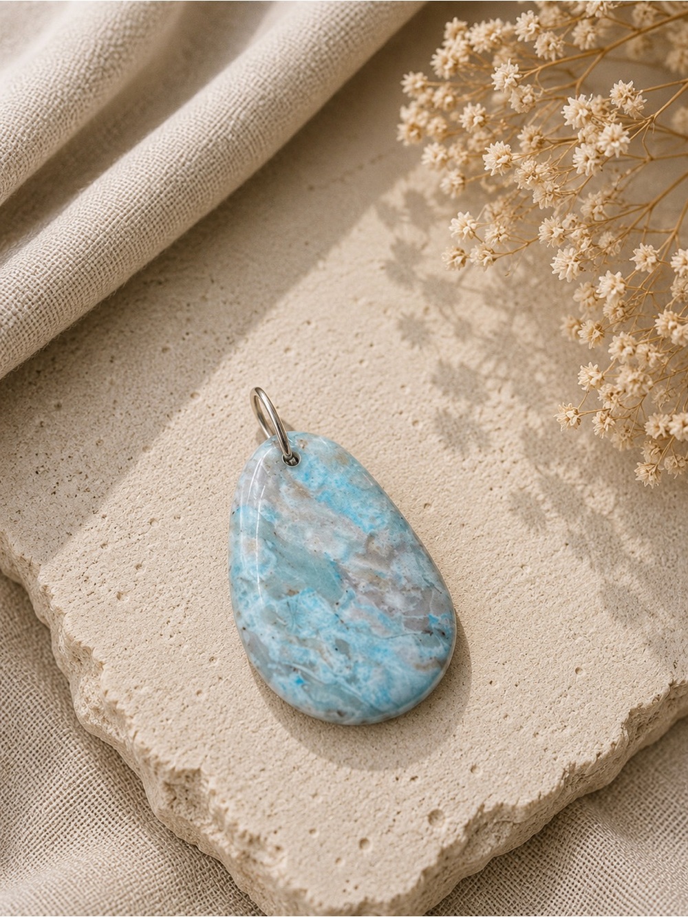 🩵 Large Natural Blue Amazonite Teardrop Pendant + 18” Silver Plated Snake Chain